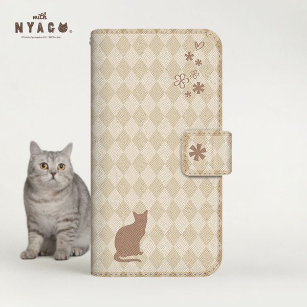 猫のスマホケース NYAGO 手帳型ケース 全機種対応［ シルエット猫ちゃんおすまし。 ダイヤ柄 フレンチフラワー ］No.2S2458