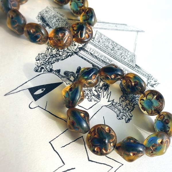 【2コセット】JIRI＊IVANA#czech beads#チェコビーズ　vintage flower 14✖️11㍉　irregular marble amber cobalt dec
