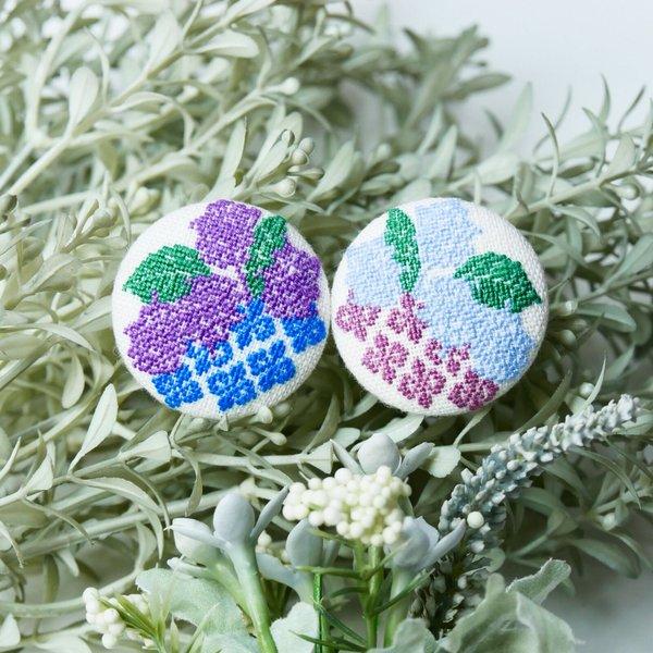 あじさい 刺繍くるみボタンブローチ/ヘアゴム plantsplanet 紫陽花 アジサイ