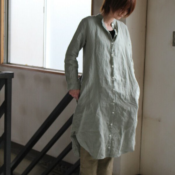 スタンドカラーlong shirt/ロングシャツ リトアニアリネン100％　【受注生産品】01211 