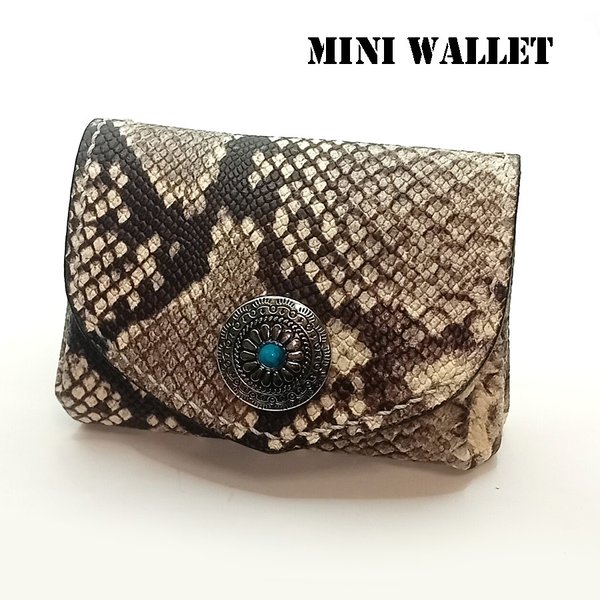ミニウォレットパイソン蛇革プリントレザーうすい革コンパクトアコーディオン財布