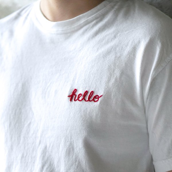 チェーンステッチ 刺繍 ビンテージ スタイル Tシャツ ユニセックス bonjour hello aloha【ホワイト】