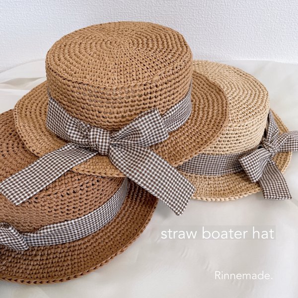 【 straw boater hat⠀】カンカン帽 麦わら帽子 かぎ針編み コットンラフィア 手編み帽子 