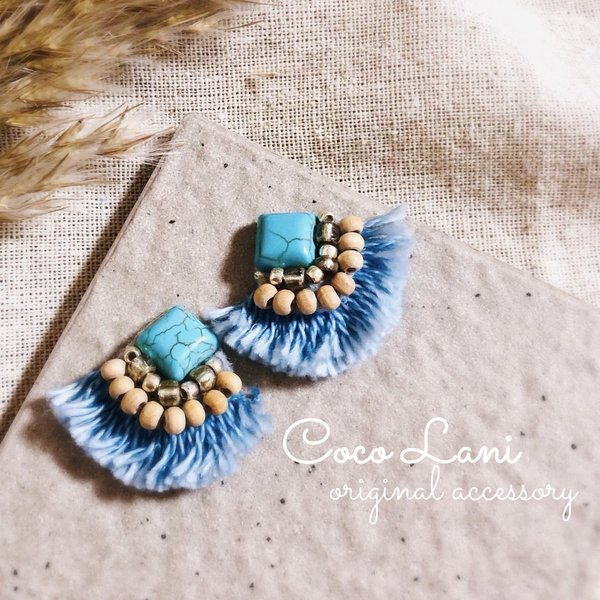 ビーズ刺繍 ターコイズ デニムフリンジ シルバー ウッド ✿ ピアス イヤリング ハワイ 海 夏 カジュアル  ボヘミアン