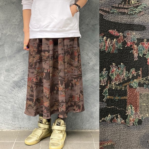 着物リメイク　ベルト付きギャザーロングスカート　long skirt made from Kimono