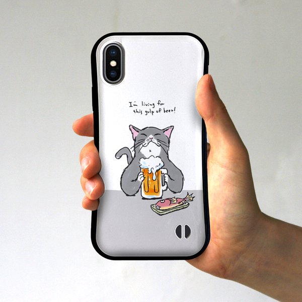 グリップiPhoneケース　猫がビールで乾杯（ホワイト）