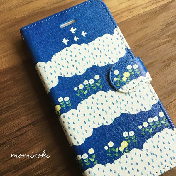 雨のカノン★北欧スマホケース★青・空・花・雨★手帳型スマホケース・スマホカバー★iPhone/Android