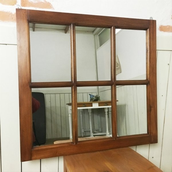 アンティーク調 木製窓枠 鏡 壁掛けミラー シャビー 茶 6枠 mir001