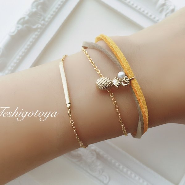 pineapple × suède cord bracelet（黄×茶）