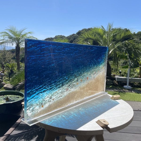 アートインテリアパネル 瑠璃色の海の  60×30c立てかけパネル　レジンアート　エントランス　ホール　モニュメント