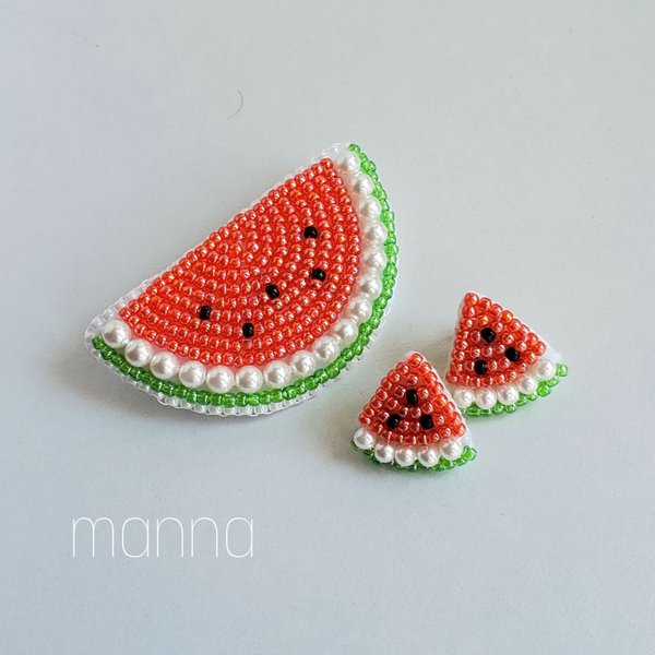 watermelon🍉スイカのビーズ刺繍ヘアゴム・コーム・ブローチ・