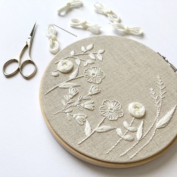 【刺繍キット】白糸一色でつくる草花の壁飾り　初心者さんも安心動画解説付き　手作りキット　刺繍フレーム　はなこまちの刺繍キット