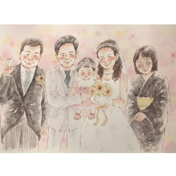 ウェディング 似顔絵 A4 結婚式 イラスト 子育て感謝状  水彩 ウェルカムボード 記念日 両親贈呈品