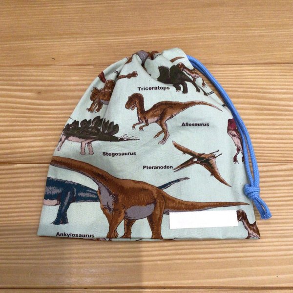 【完成品】巾着  24×22センチ  給食袋、コップ袋など　恐竜🦕ミントグリーン(裏地なし)