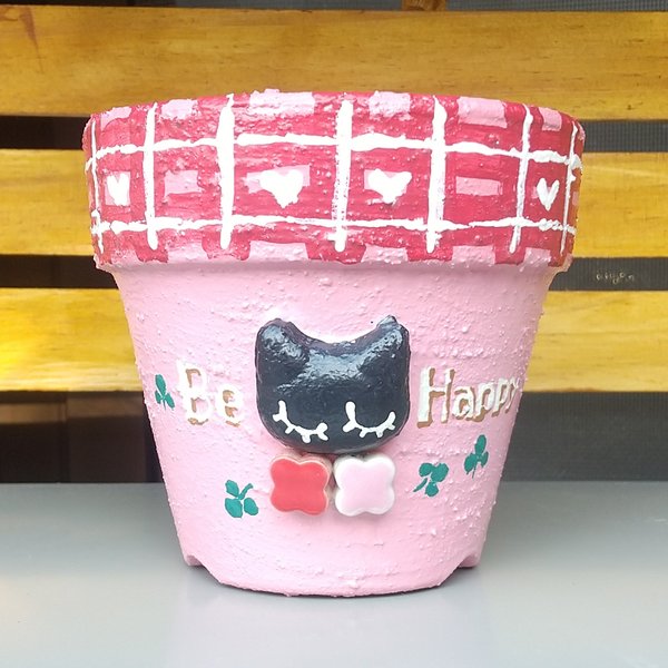 リメイク鉢 黒猫ピンク