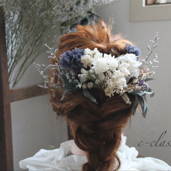 【再販】結婚式　花の髪飾り　アイビーと紫陽花のヘッドドレス　♯01２　プリザーブドフラワー　結婚式　二次会　成人式　前撮り