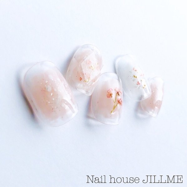 再販66𓆸ふんわり春の桜Nail 〘特集掲載〙宝石ネイル 宝石カットネイル さくら チークネイル ピンク  塗りかけ 結婚式 ウェディング ブライダル 卒業式 成人式 ドライフラワー