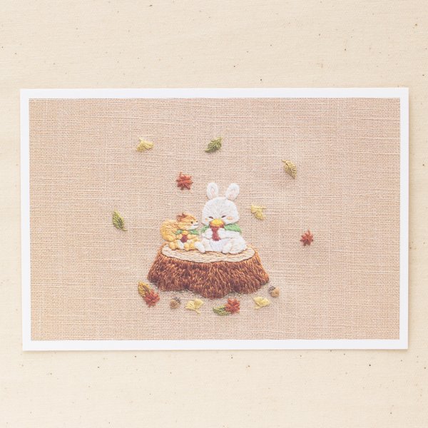2．刺繍イラスト　ポストカード　『いっしょに食べよう』
