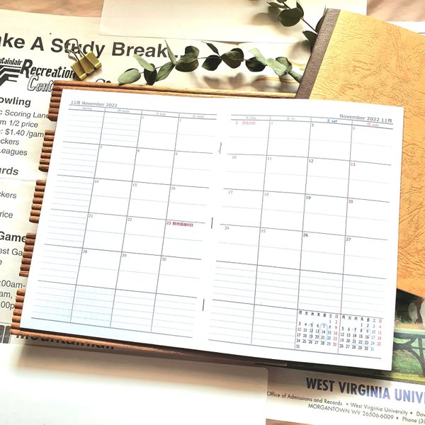 A5 手帳 製本 マンスリー予定表 見開き1ヶ月 カレンダー型 グレー 2023年 綴じ手帳 ノート プランナー