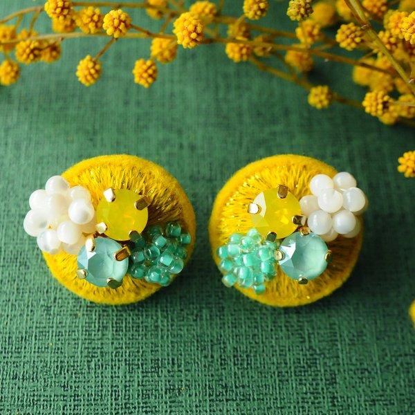 ＜Stella～遊び好きの星～＞刺繍ピアス「ジュエルJewe/ミモザmimosa」★ロングポスト/アレルギー対応変更可能