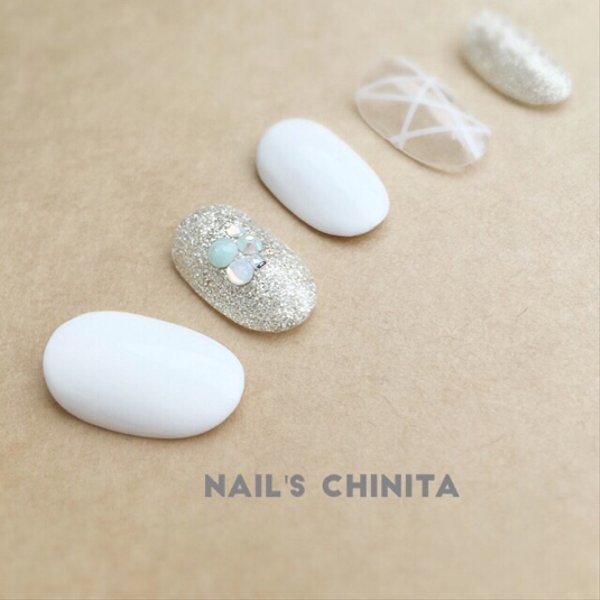 ♡white×silver×white line nail♡/ホワイト ネイル/春 ネイル/シルバー ネイル/ライン