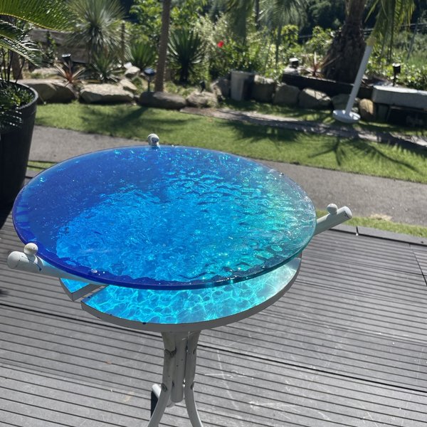 新作　ブルーウォーター　水紋の影　穏やかな海　レジンアート　海の波紋　ガラスサイドテーブル　海 〜Minamo〜　table  Sea