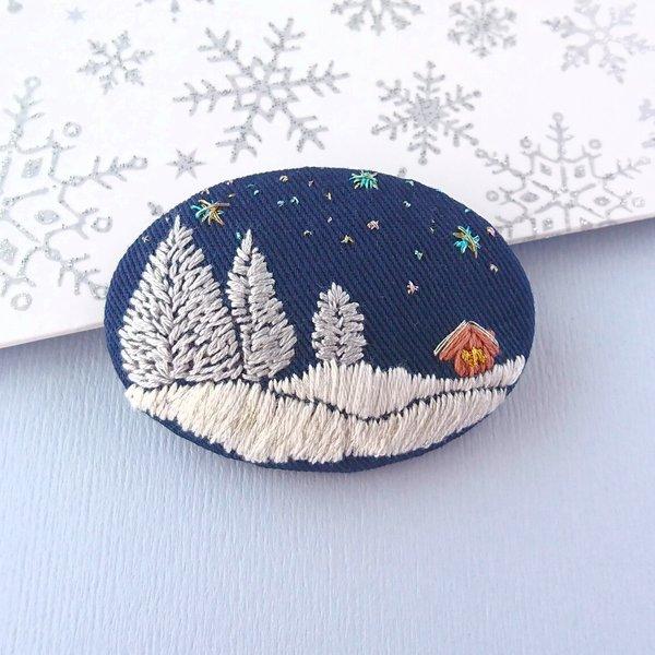 雪景色の刺繍ブローチ ヘアゴム 冬のブローチ