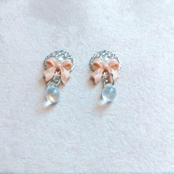 オレンジリボンとパール ゆれる ピアス＆イヤリング #樹脂ピアス #樹脂ノンホールピアス #ステンレスピアス