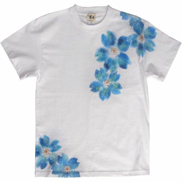 舞桜柄メンズ Tシャツ　桜ブルー　手描きで描いた和風の桜柄Tシャツ 
