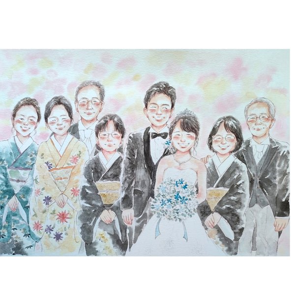 ウェディング 似顔絵 A4 結婚式 イラスト 子育て感謝状  水彩 ウェルカムボード 記念日 両親贈呈品