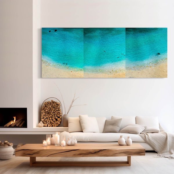 新色　壁掛けアートパネル　３連式　エメラルドグリーン　ムーンビーチ とドルフィン　イルカの親子　レジンアート90cm×70cm ×3枚　水面　夏の海