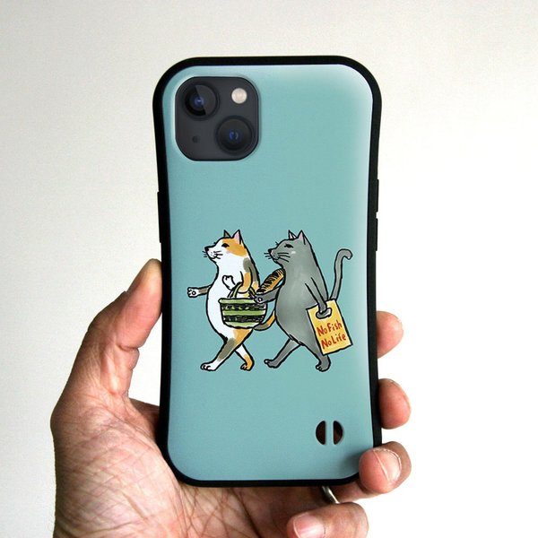 グリップiPhoneケース　猫たち（ブルーグレー）