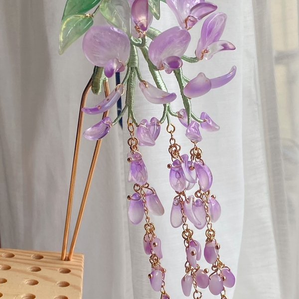 【再販】藤の花のかんざし ゆらゆら二本挿し簪 ガラス製