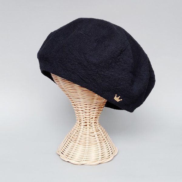 ゴールド王冠ベレー帽　黒コットンリネン　帽子　日差し　紫外線対策　紫外線対策