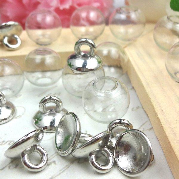 【各10個】ガラスドーム セット★12mm/10ｍｍ シルバー★キャップ付き ガラスドームピアス チャーム ハーバリウム