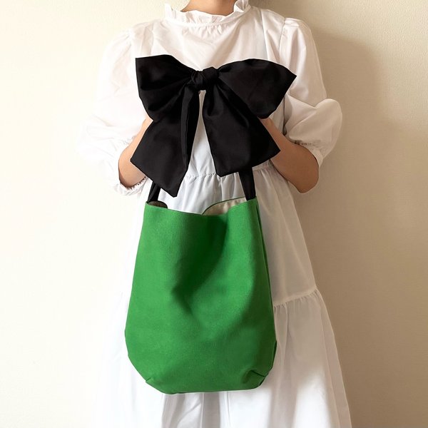 【受注生産】ショルダー・斜めがけ・手提げと3wayで使える！  canvas ribbon tote bag（グリーン）