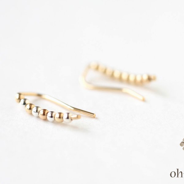 Curved gold and silver beads ear climber