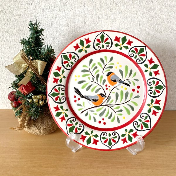 スペインタイルアート：クリスマス鳥とヤドリキのお皿
