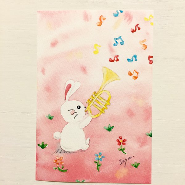 🎺透明水彩画「トランペットを吹くうさぎ」 イラストポストカード 2枚セット　ウサギ　楽器　音楽　芸術の秋🎺