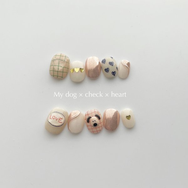 SALE! #24 文字変更自由 【 size order 】 nail tip - My dog × check 🐕❤️🥣韓国ネイル ニュアンス ネイルチップ ミラーネイル 落書きネイル