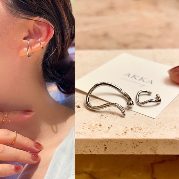 Silver:Wave hoop earcuff 2pac set  ウェーブフープイヤーカフ2個セット　　　大人上品イヤーカーフ小さめ小ぶり個性的フープイヤリングフープピアスお洒落ミニサイズ