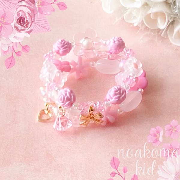 little princess＊ pink flower キッズブレスレット 3点 セット ＊ 女の子 プレゼント キッズアクセサリーセット 贈り物 誕生日 子供 可愛い リボン ピンク フラワー 花