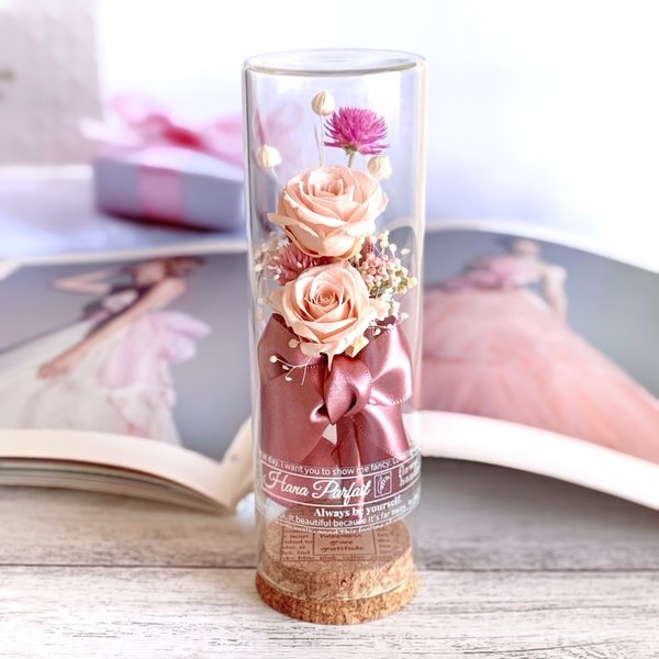 【母の日】ピンクのバラのボトルフラワー /  花言葉入り 幸福 しとやか 感謝  / 置物 ガラス瓶 誕生祝 結婚祝