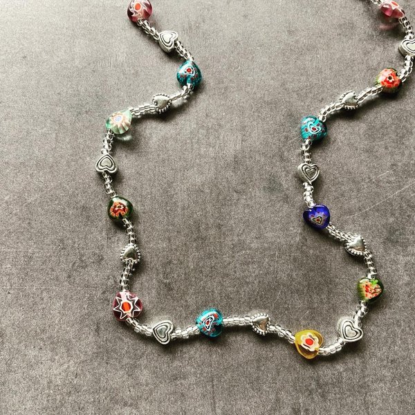 Millefiori heart × silver beads necklace💚