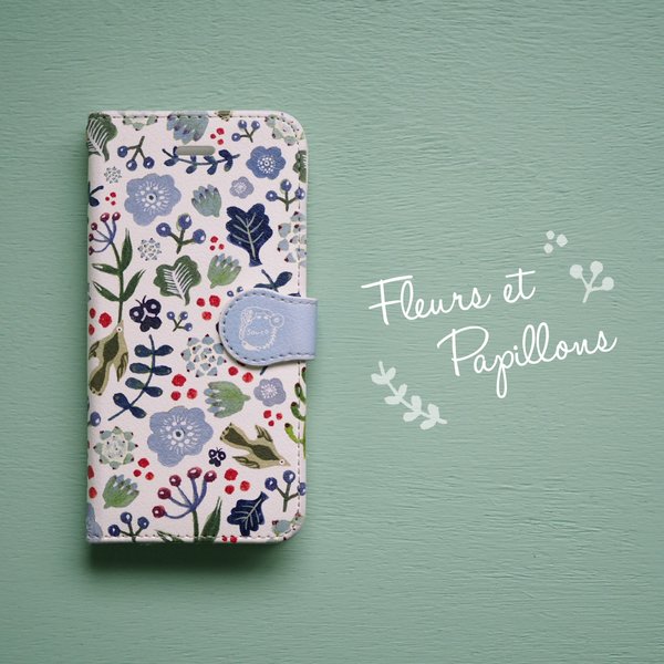 【名入れOK】iPhone手帳型スマホケース / Fleurs et Papillons(white)