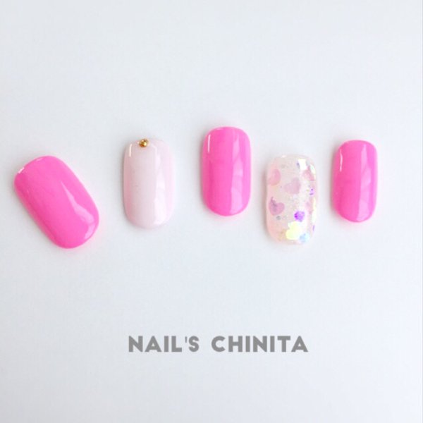 ♡pink×heart  nail♡/ピンクネイル/ハートネイル/バイカラーネイル