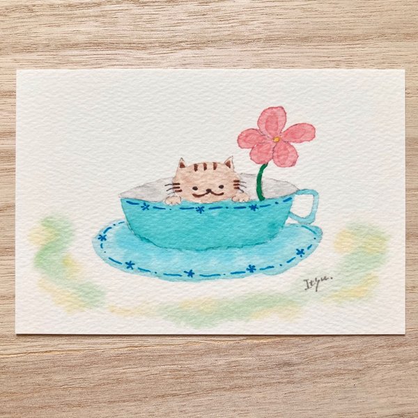 🐈透明水彩画「コーヒーカップ猫」 イラスト　ポストカード　2枚セット ねこ　ネコ　花🐈