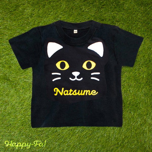 ねこフェイスTシャツ 80〜120サイズ【受注生産／名入れ】