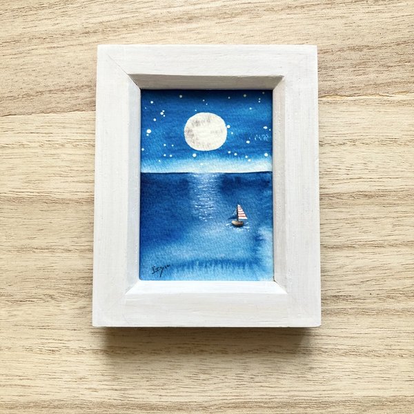 透明水彩画 「満月の夜の海」北欧イラストミニ額　プチギフト  満月　月　海　星空　星座　ヨット