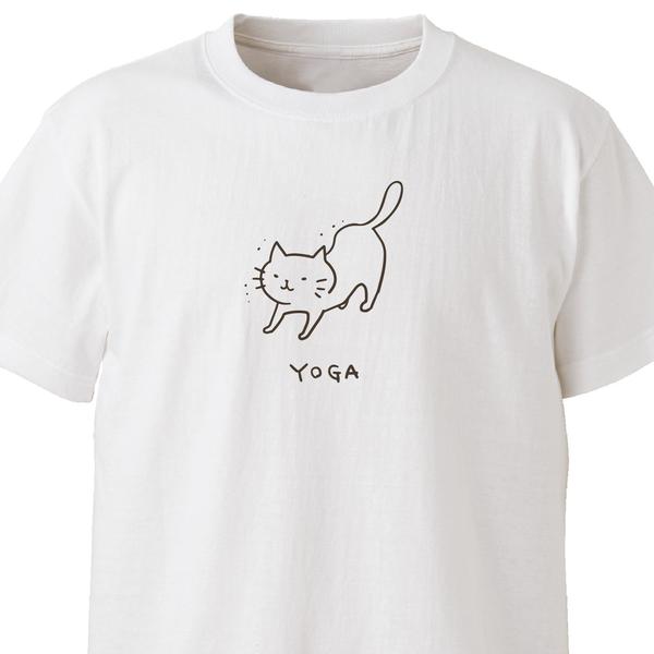 ヨガにゃんこ【ホワイト】ekot Tシャツ <イラスト：タカ（笹川ラメ子）>